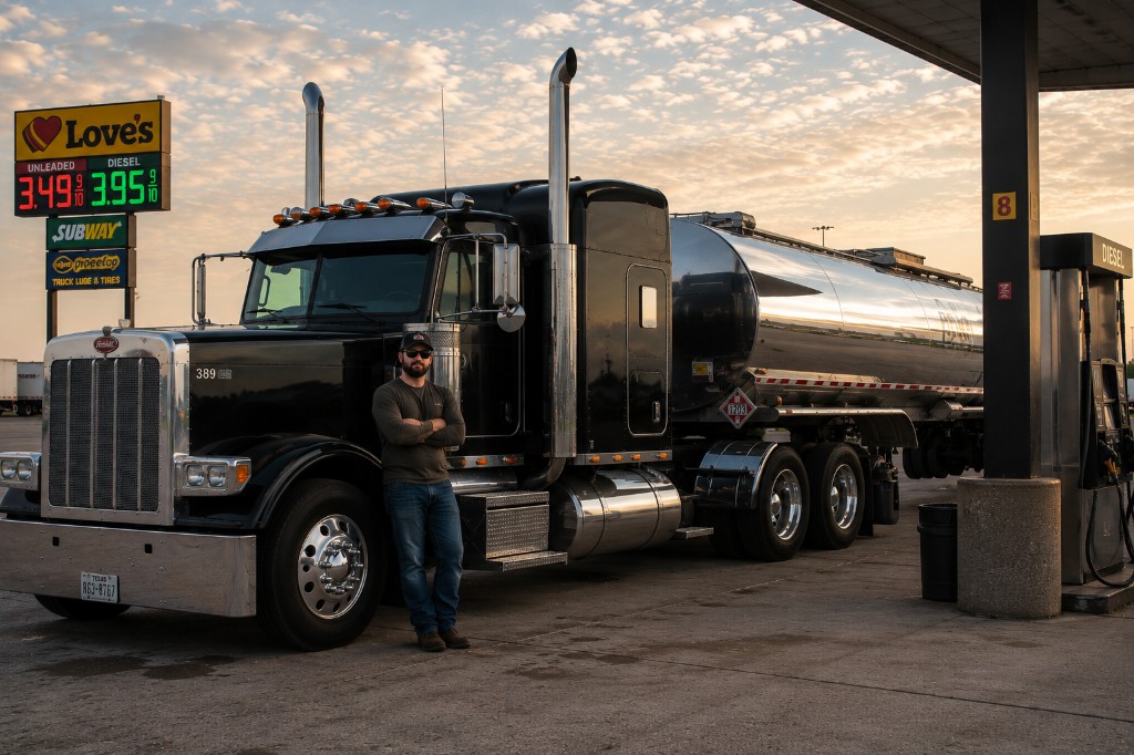 Professional truck driver standing in front of a Peterbilt tanker at a Love's Travel Stop