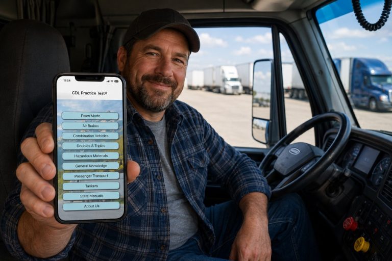 Truck driver holding iPhone with CDL Practice Test app